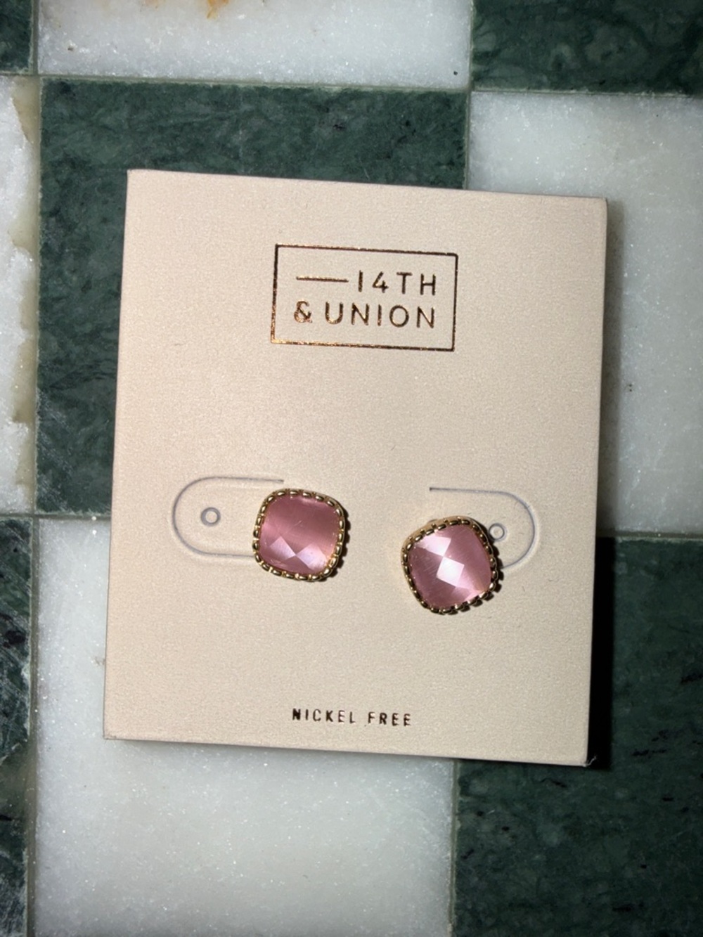 14th & Union Rose Pink Faceted Cushion Stud Earrings with Gold Trim